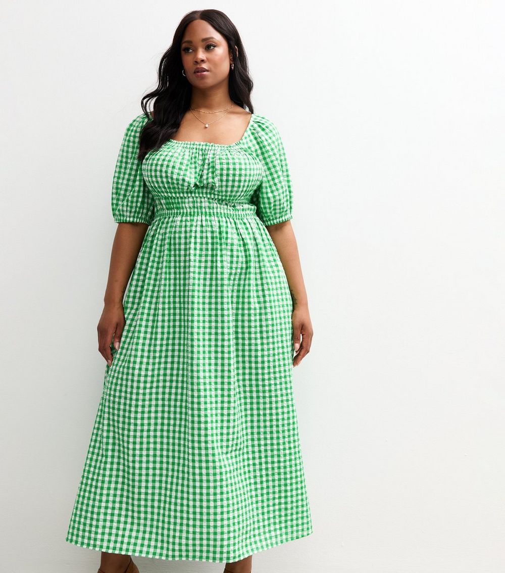 Curves Green Gingham Print Textured Milkmaid Midi Dress