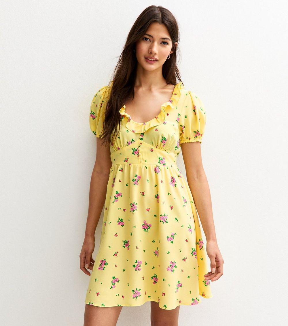 Yellow Ditsy Print Ruffle Trim Faux Button Mini Dress