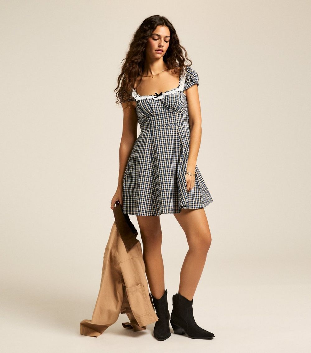 Black Checked Broderie Anglaise Mini Dress