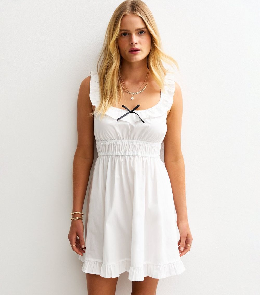 White Ruffle Bow Front Micro Mini Dress