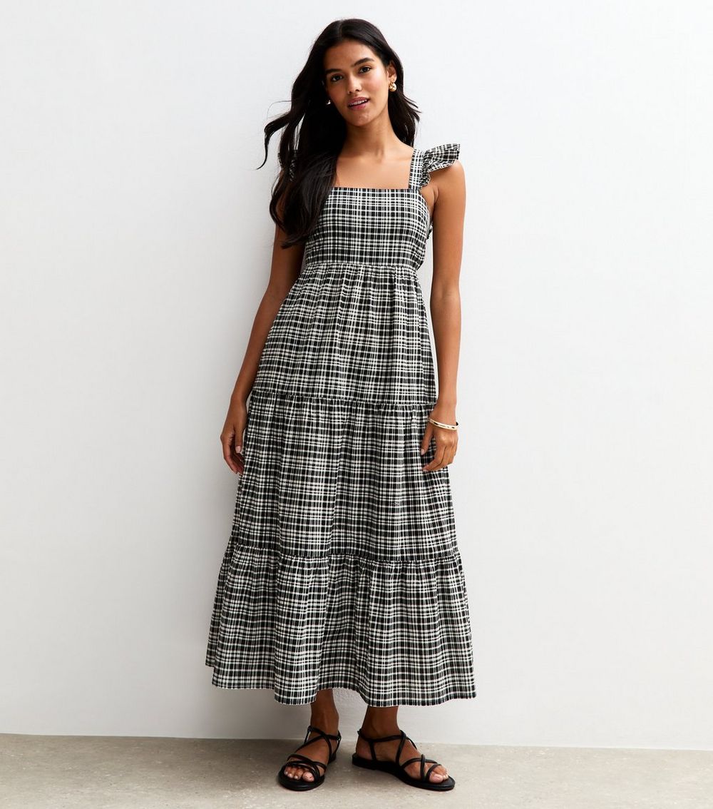 Black Check Pattern Tie Back Ruffle Midi Dress