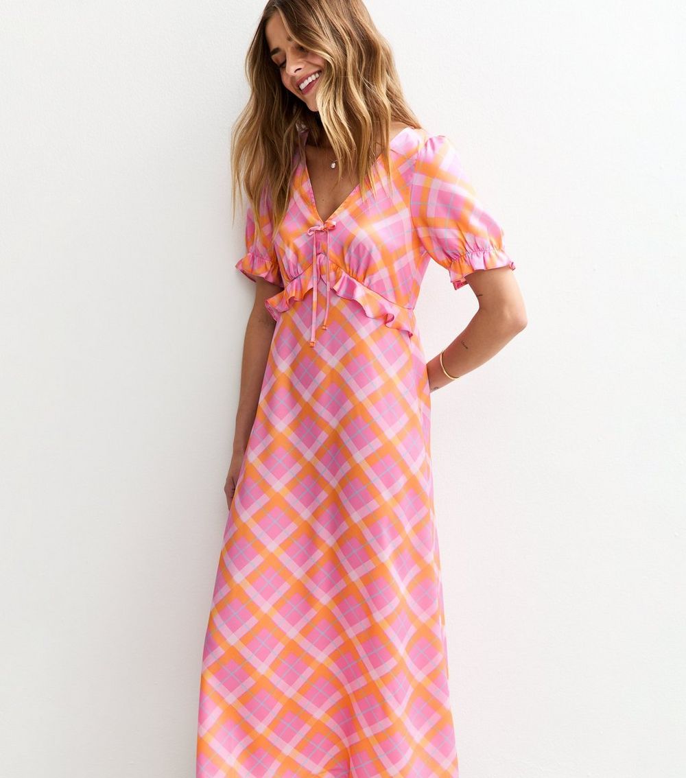 Pink Check Print Ruffle Front Satin Midi Dress