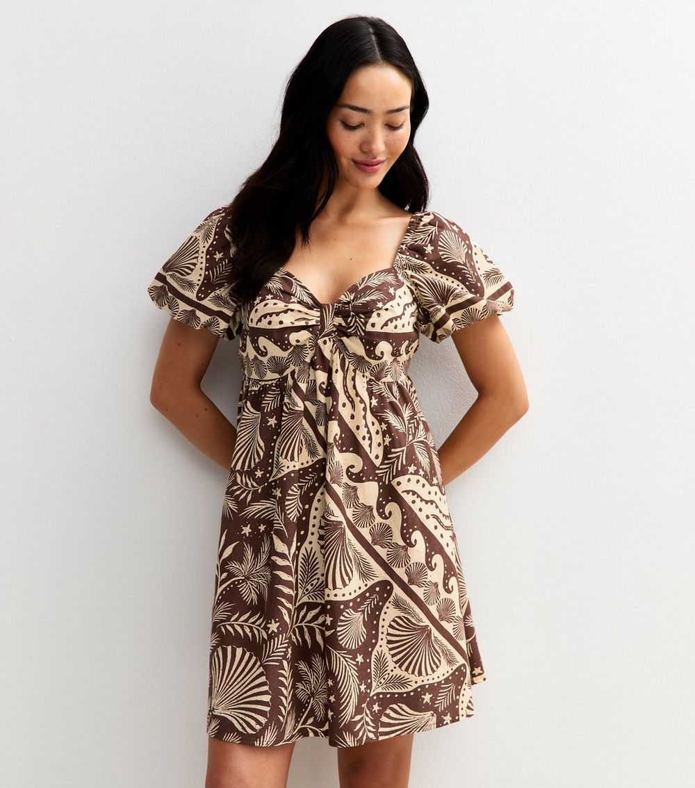 Brown Shell Print Puff Sleeve Mini Dress