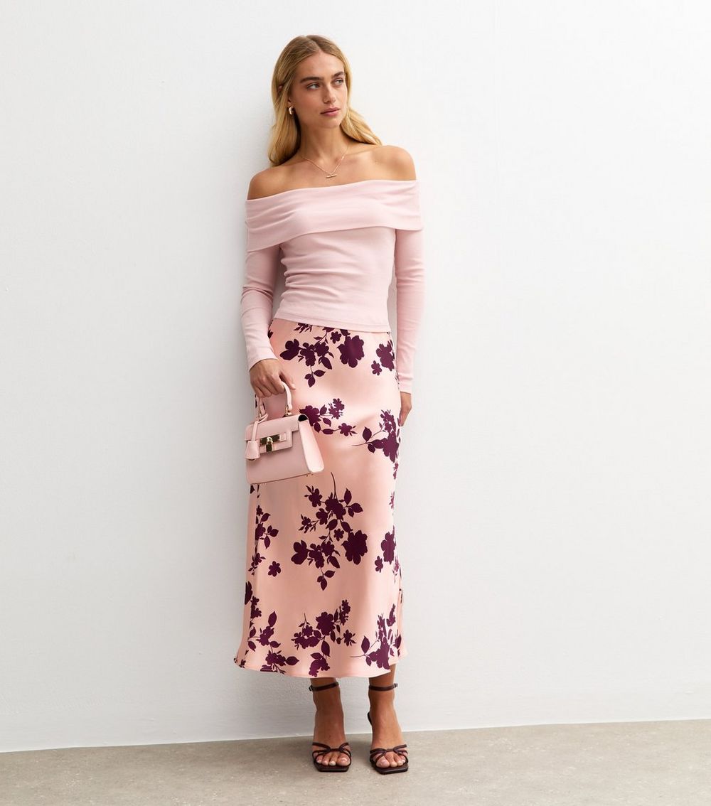 Pink Floral Print Satin Midi Skirt