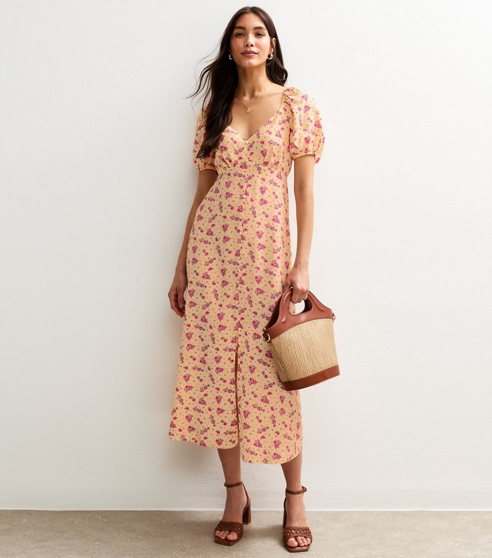 Yellow Floral Print Puff Sleeve Midi Dress