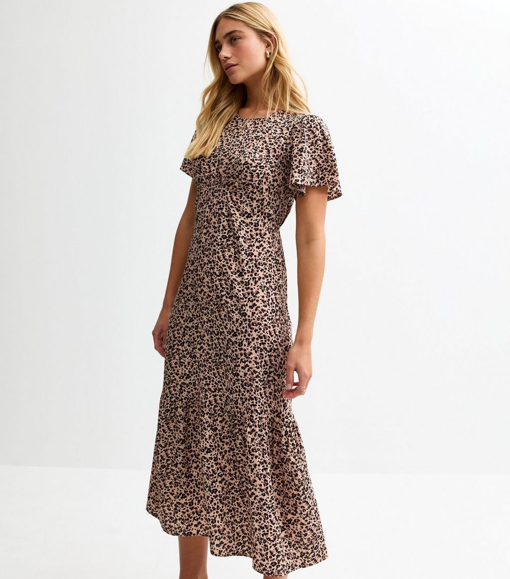 Brown Leopard Print Tiered Hem Midi Dress