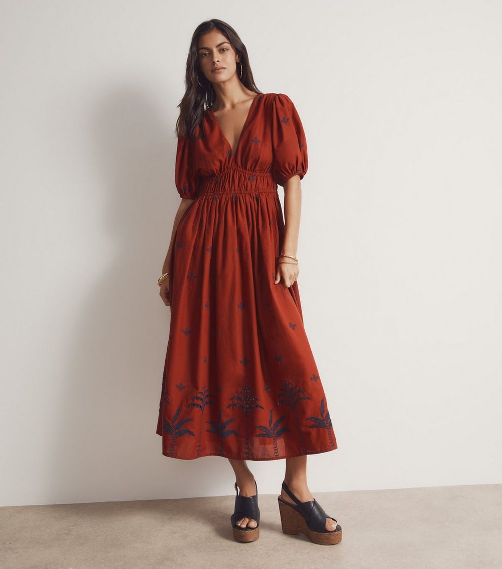 Rust Palm Embroidered Midi Dress