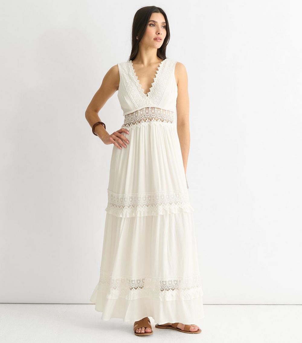 Gini London White Lace Trimmed Tiered Maxi Dress