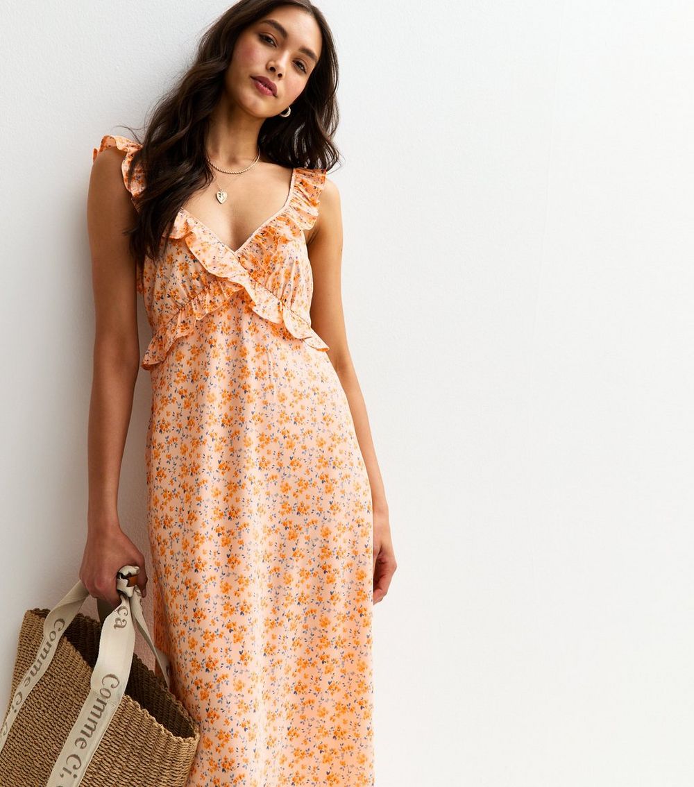 Orange Ditsy Print Ruffle Cross Front Midi Dress
