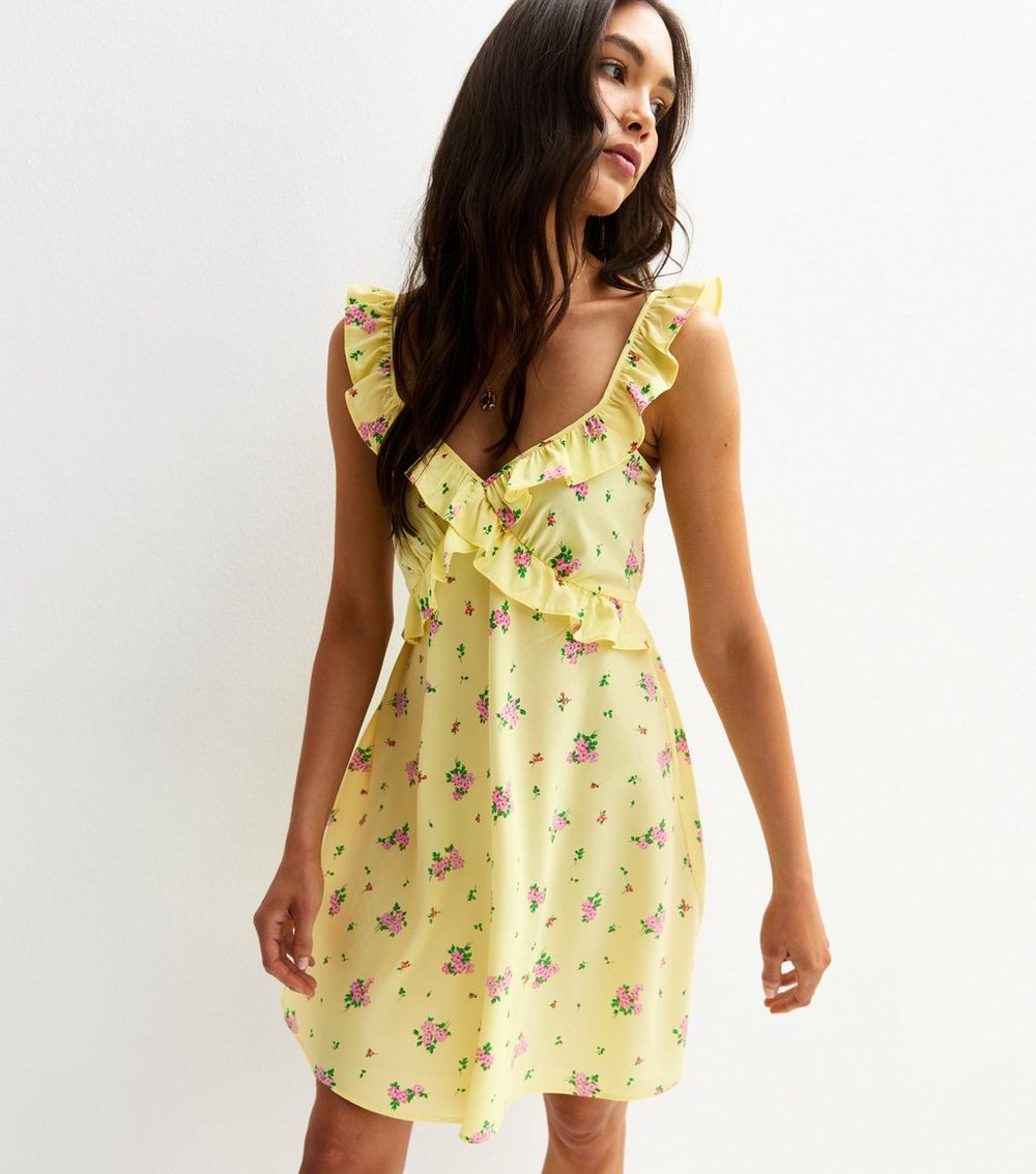 Yellow Floral Print Ruffle Trimmed Mini Dress