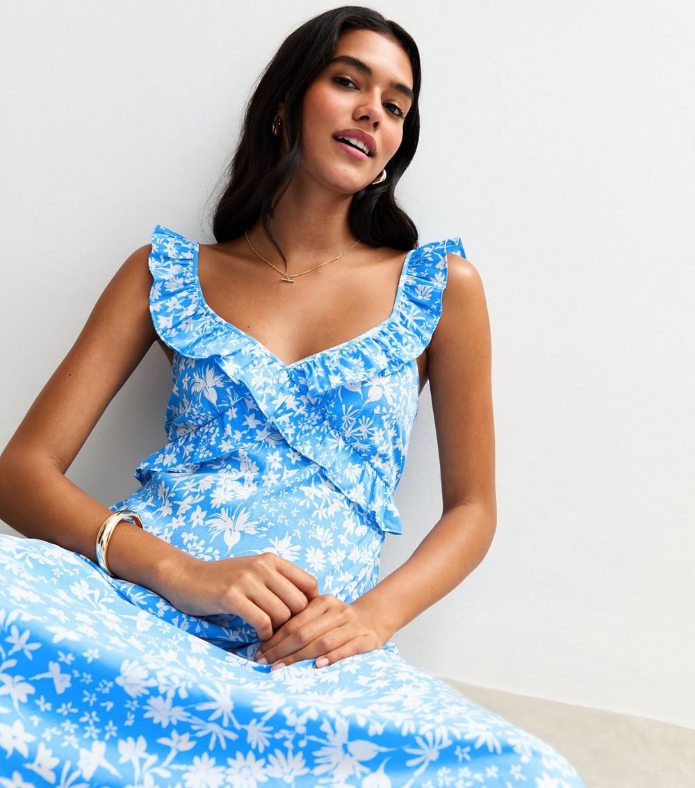 Blue Crepe Floral Print Crossover Ruffle Front Midi Dress