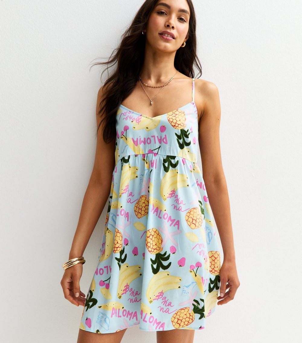 Blue Fruit Print Strappy V Neck Mini Dress