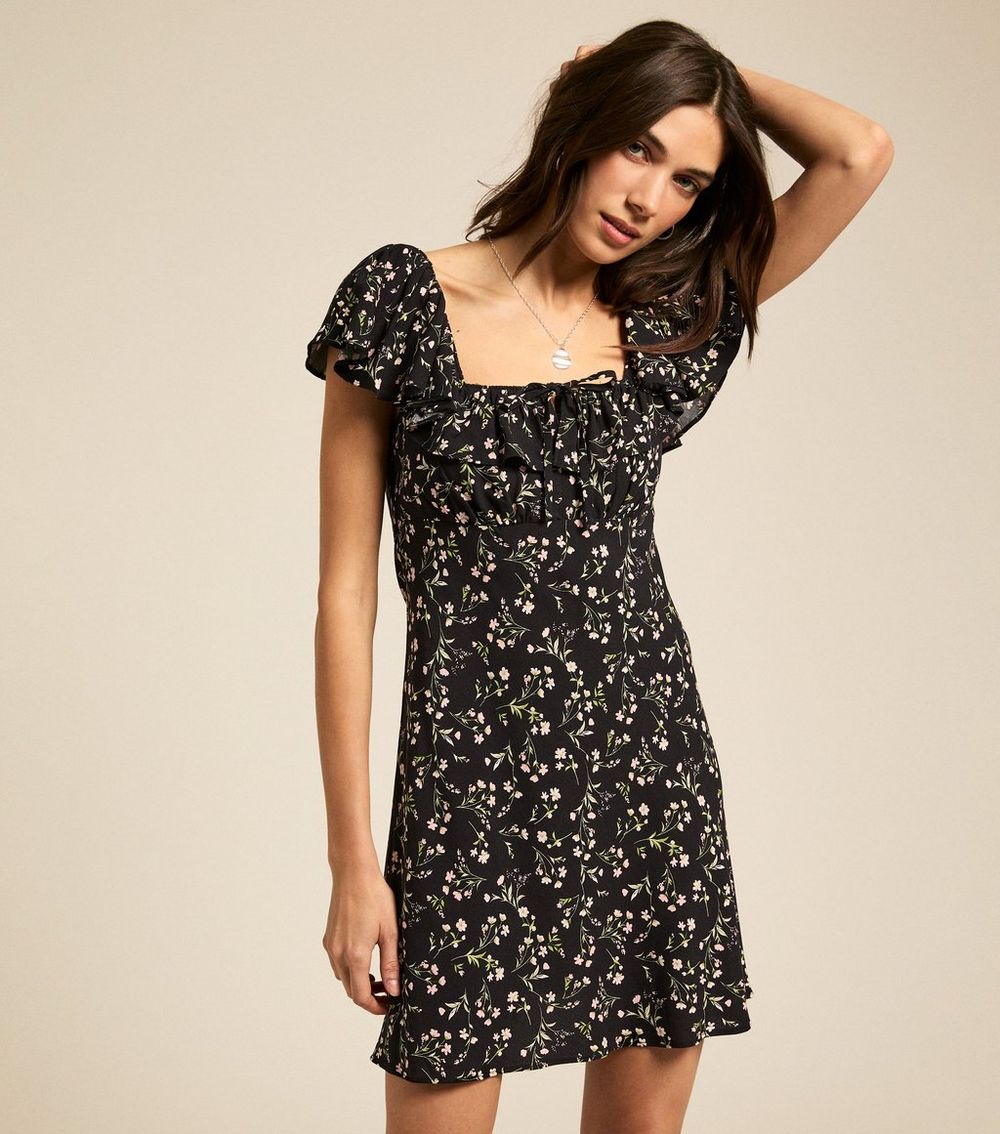Black Floral Print Square Neck Mini Dress