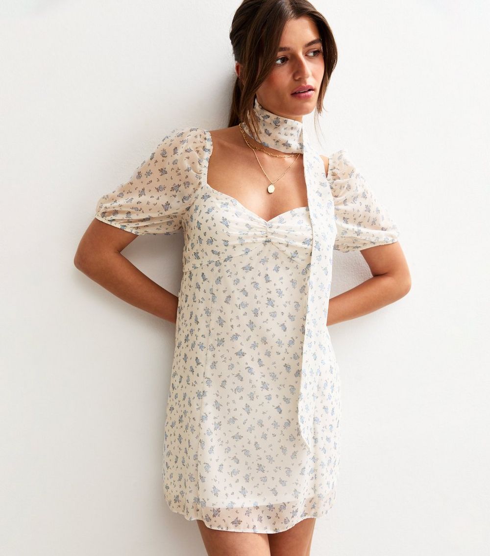 White Floral Print Chiffon Mini Dress