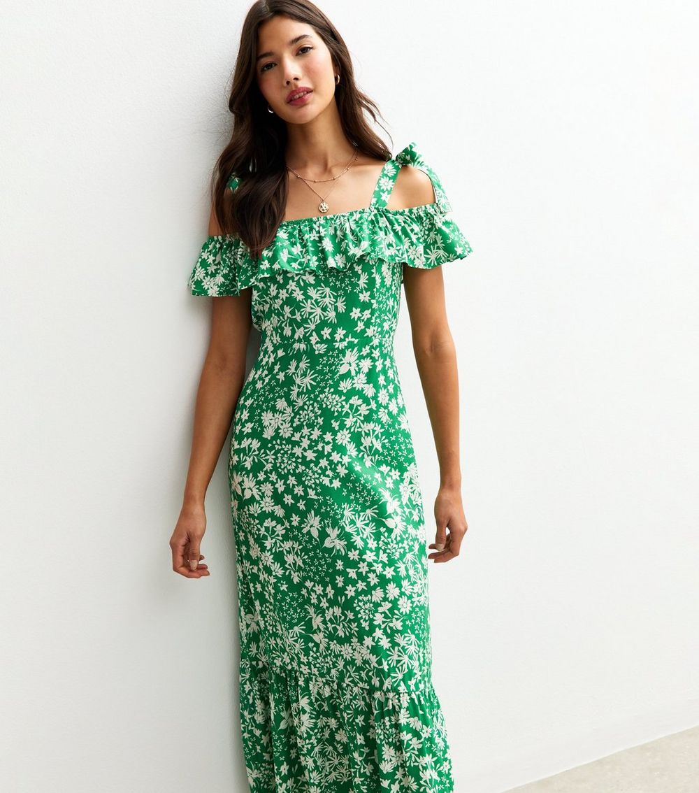 Green Floral Print Shoulder Tie Ruffled Midi Dress