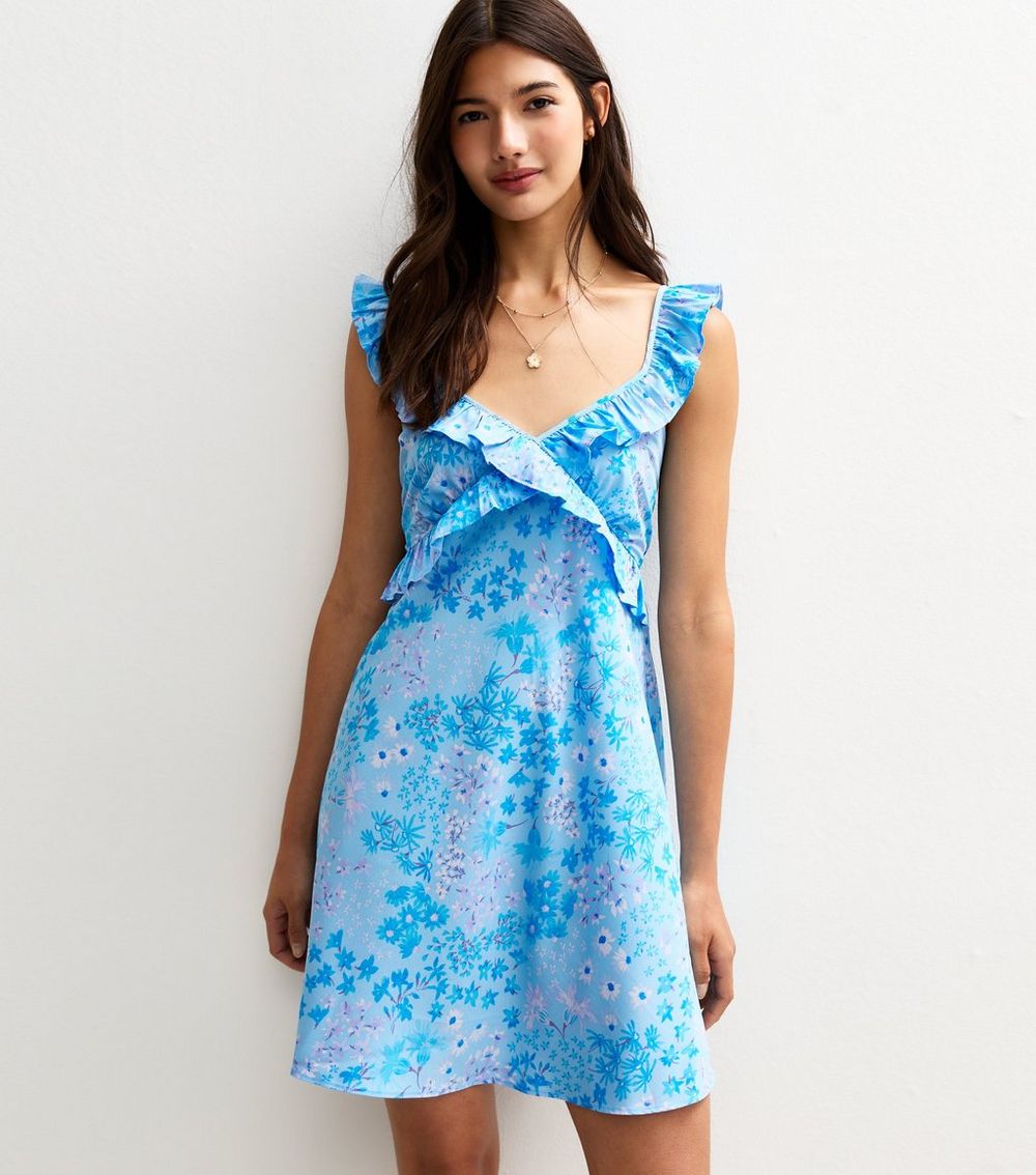 Blue Floral Print Ruffle Front Mini Dress