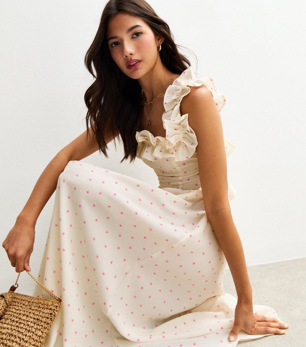 White Floral Print Square Neck Ruffle Back Bow Midi Dress