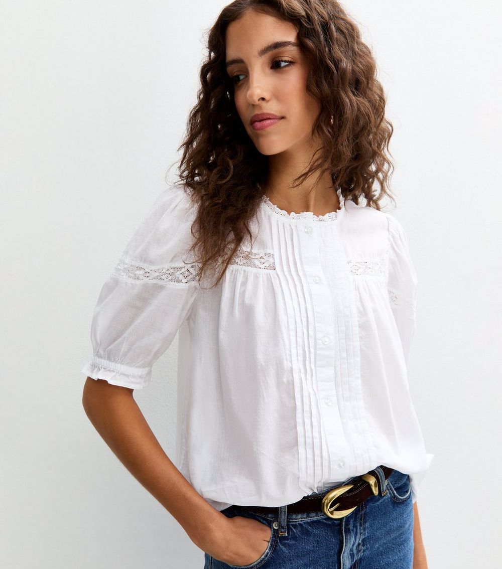 Tall White Pintuck Lace Trim Puff Sleeve Shirt