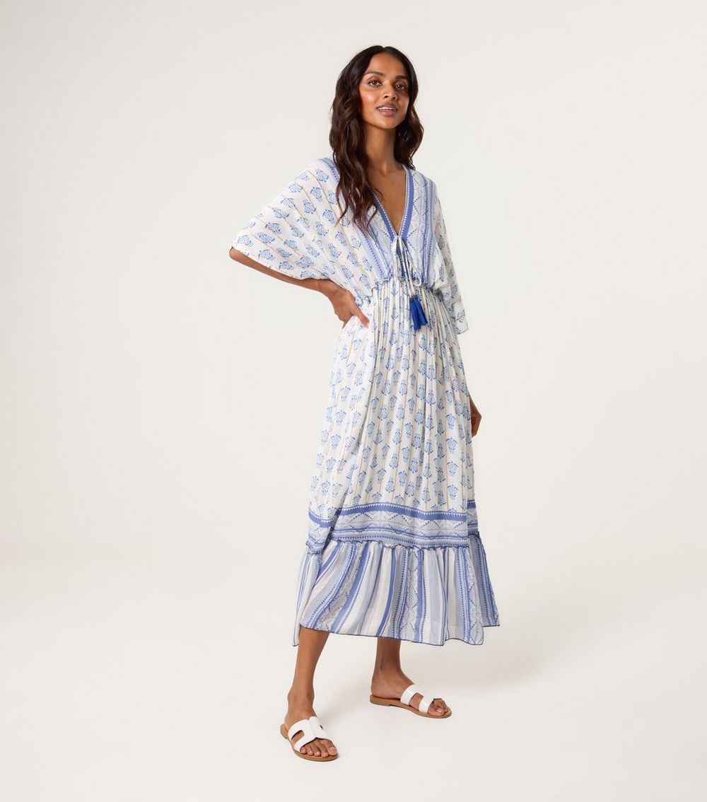Blue Vanilla Blue Patterned V Neck Midi Dress