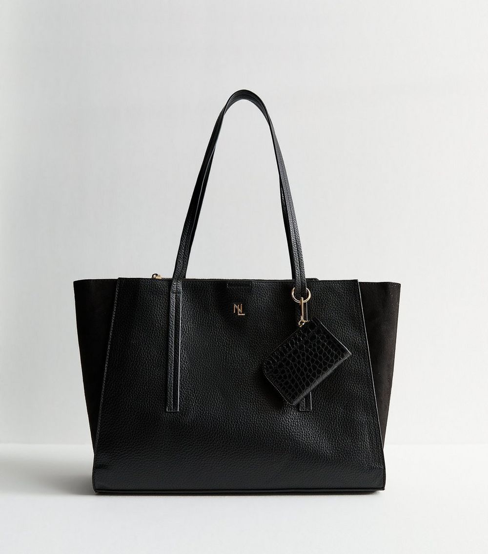 Black Faux Leather Double Compartment Tote Bag