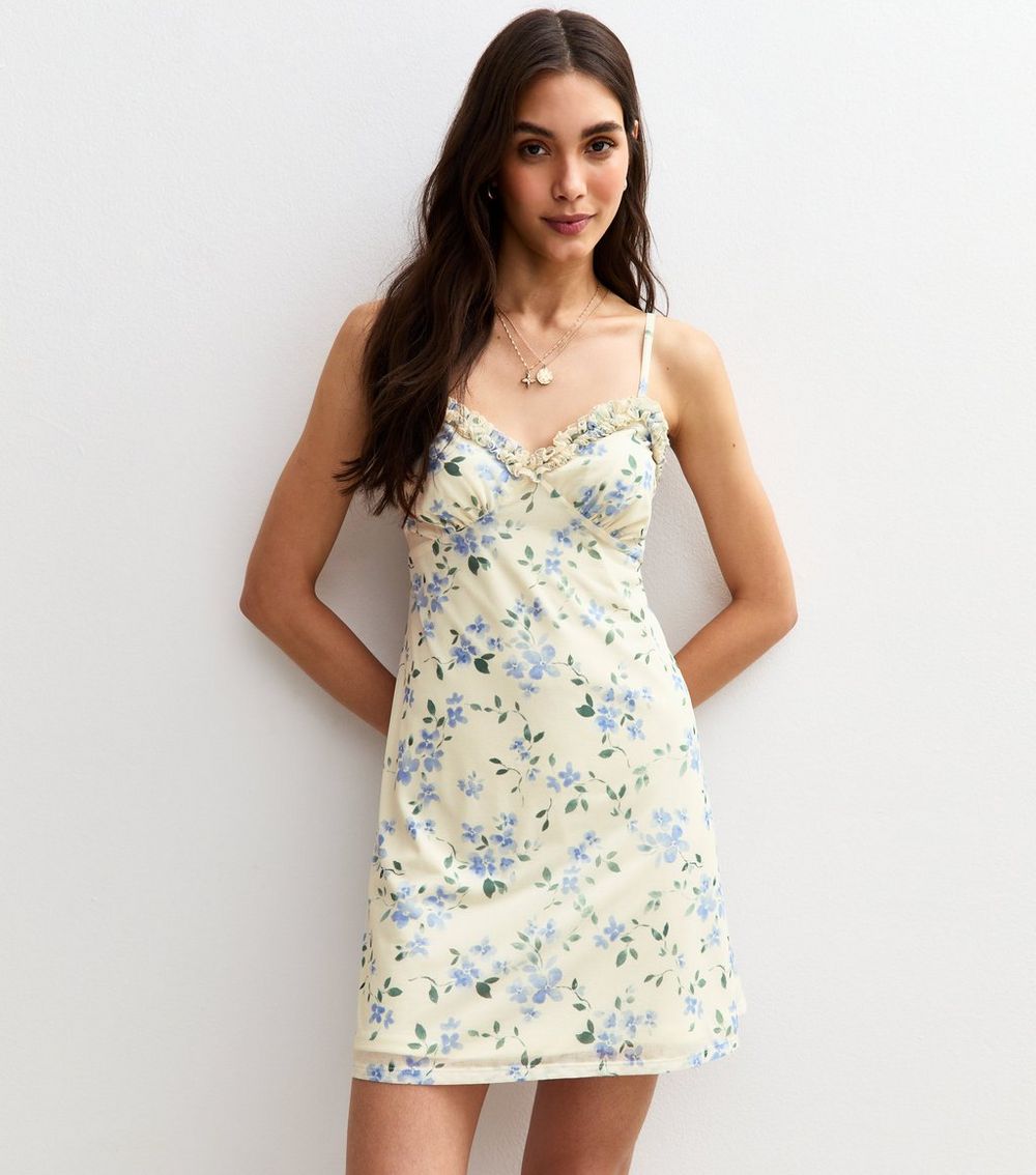 White Floral Print Ruffle Trim Mini Dress