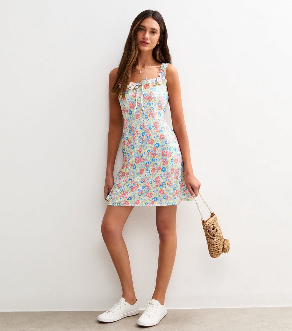 Yellow Jersey Floral Print Tie Front Mini Dress