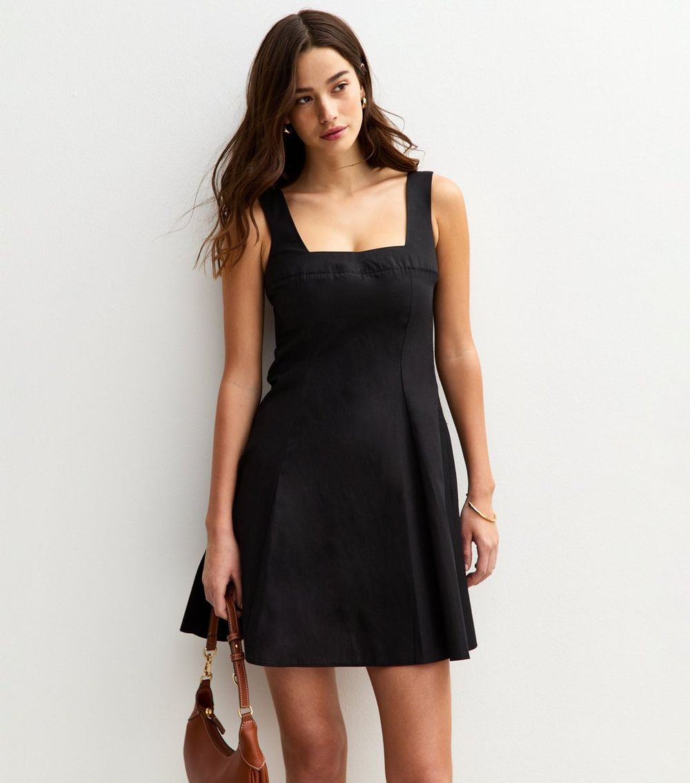 Black Square Neck Poplin Mini Dress