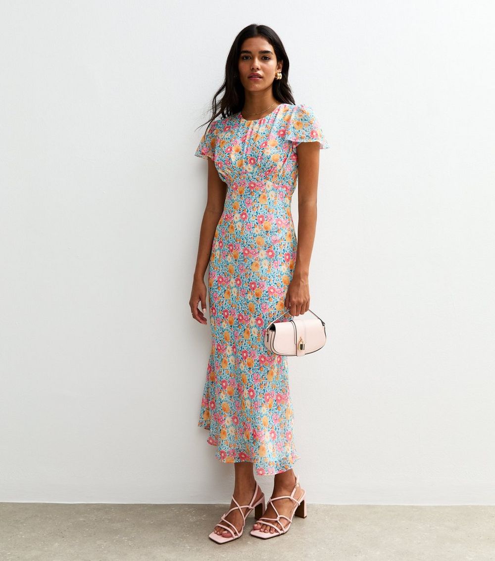 Blue Floral Print Chiffon Midi Dress