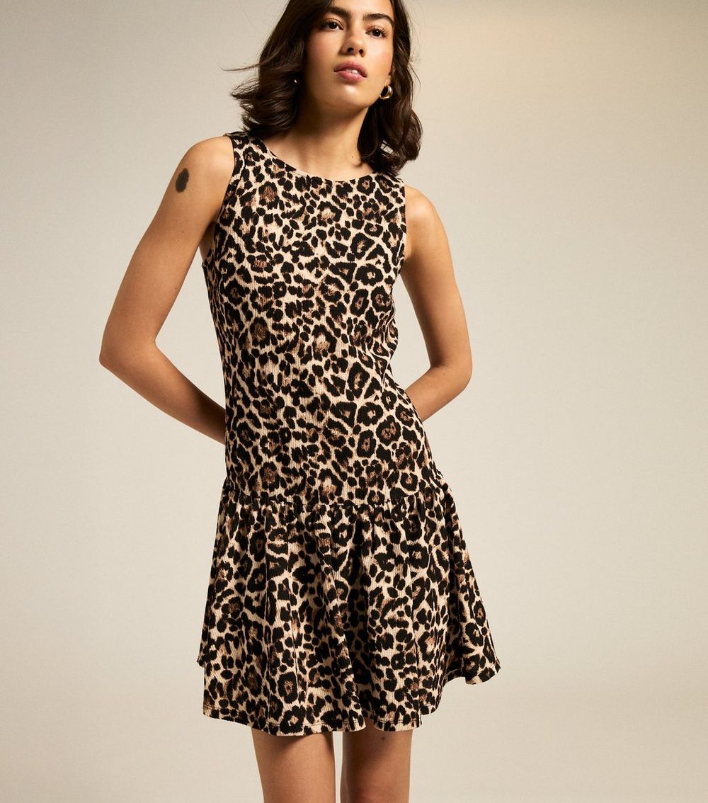 Brown Leopard Print Dropped Waist Mini Dress