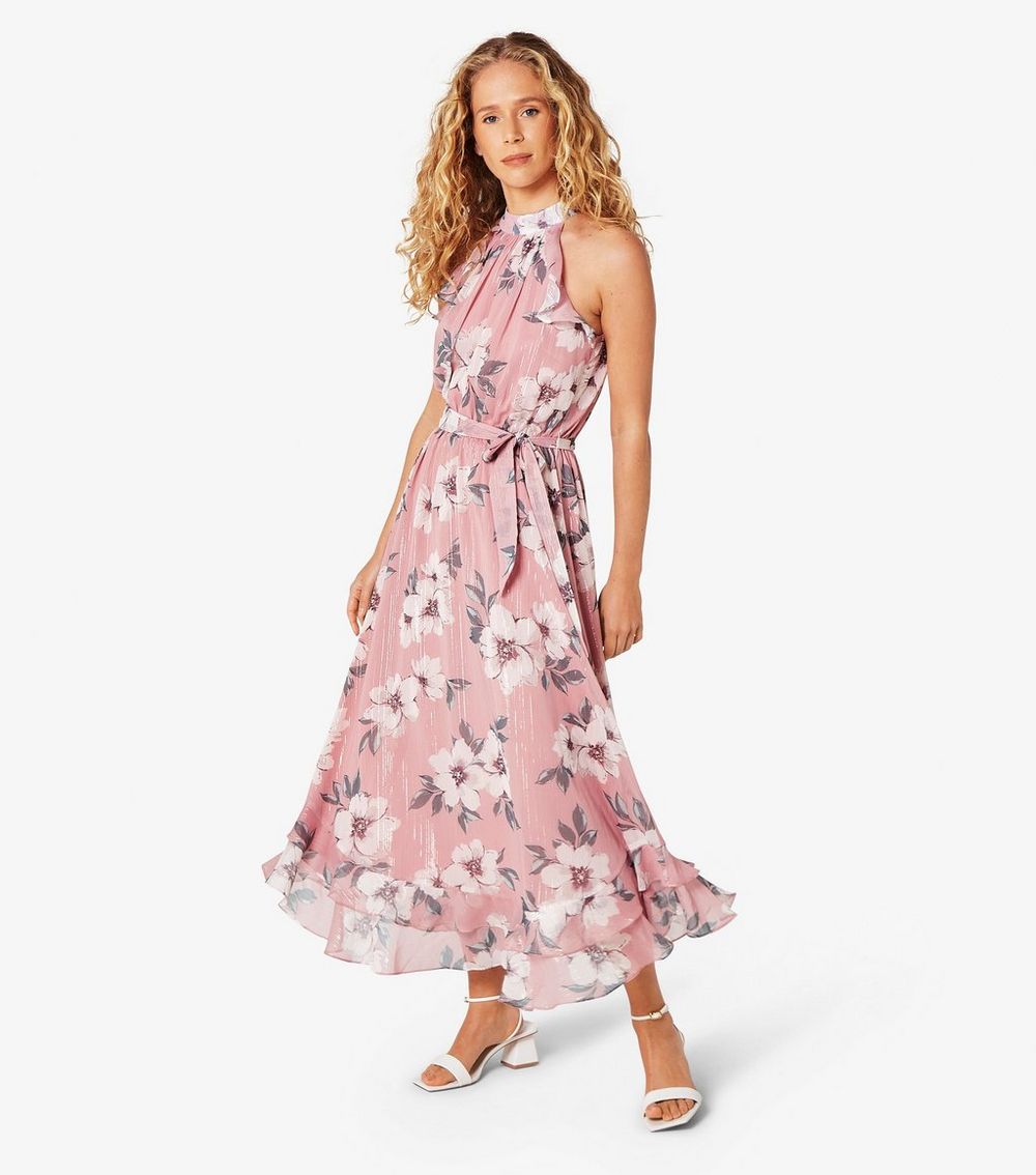 Apricot Pink Watercolour Floral Print Midi Dress