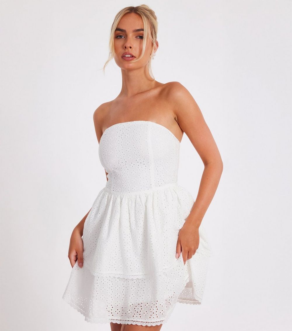 QUIZ White Floral Embroidered Bandeau Mini Skater Dress