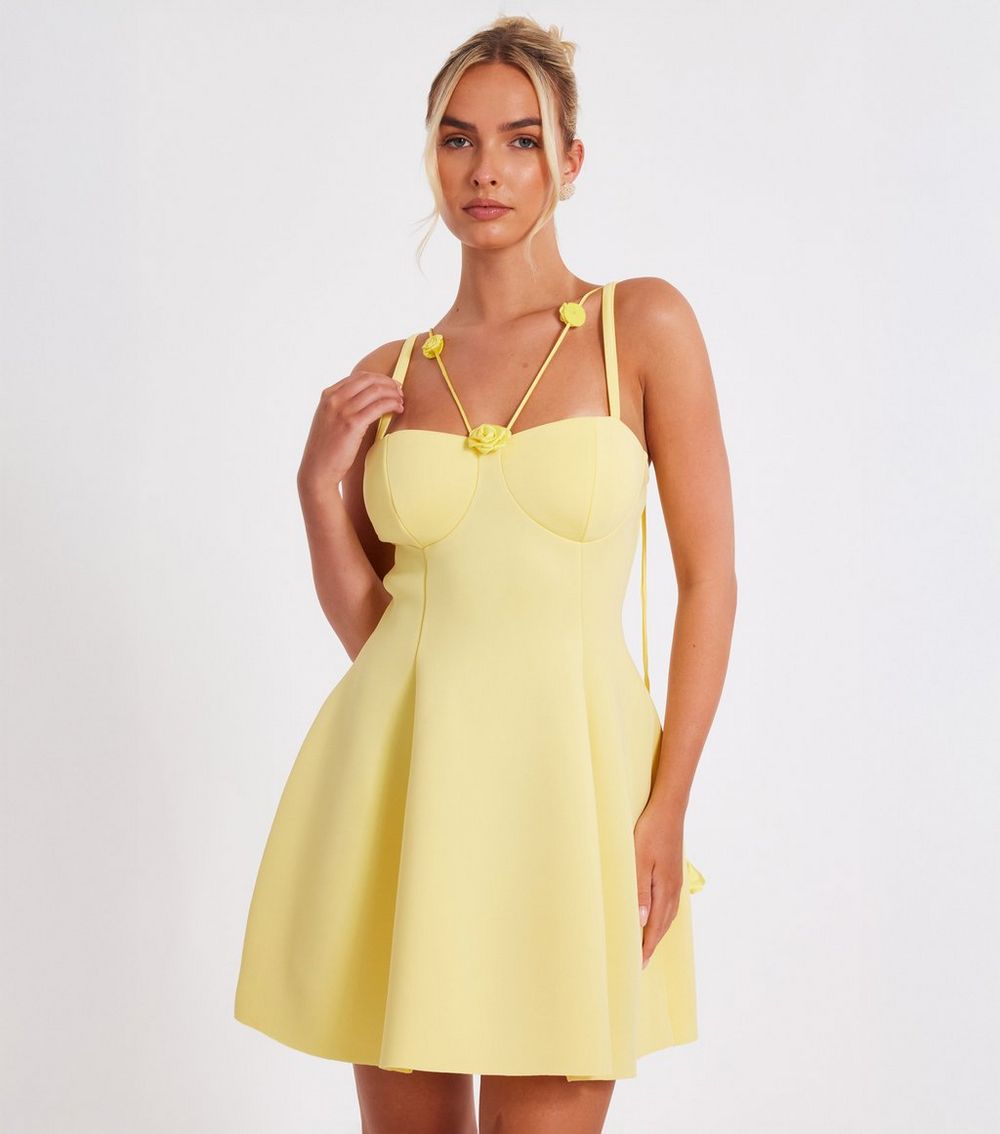 QUIZ Yellow Floral Trim Mini Dress