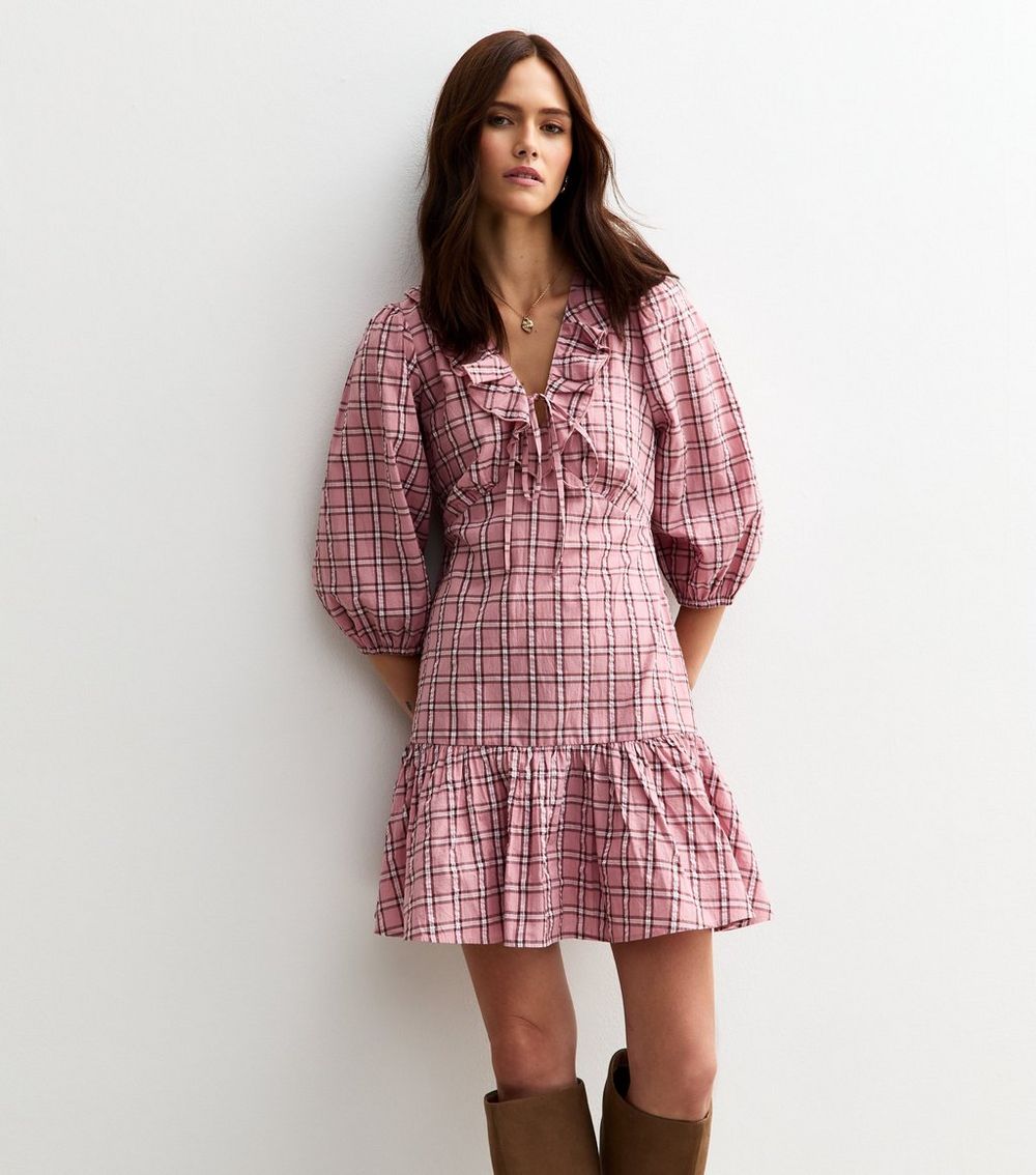 Pink Check Print Ruffle Collar Mini Dress