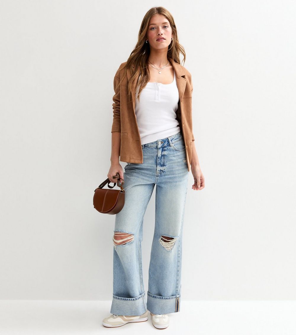 Light Blue Ripped Knee Wide Leg Turn Up Jeans