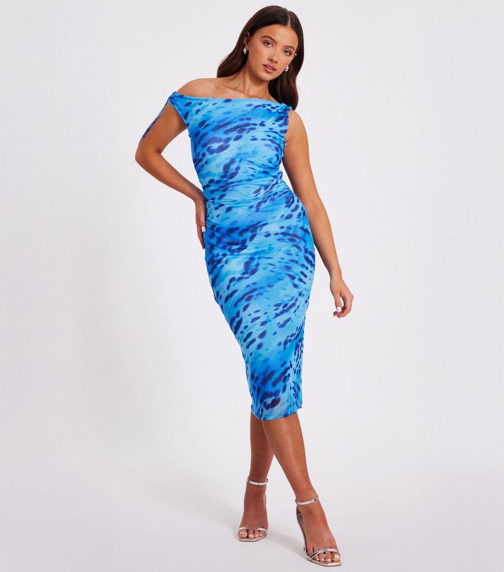 QUIZ Petite Blue Mesh Animal Print Midi Dress