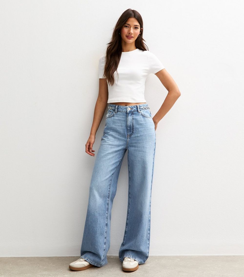 Light Blue Adalae Chain Trim Wide Leg Jeans