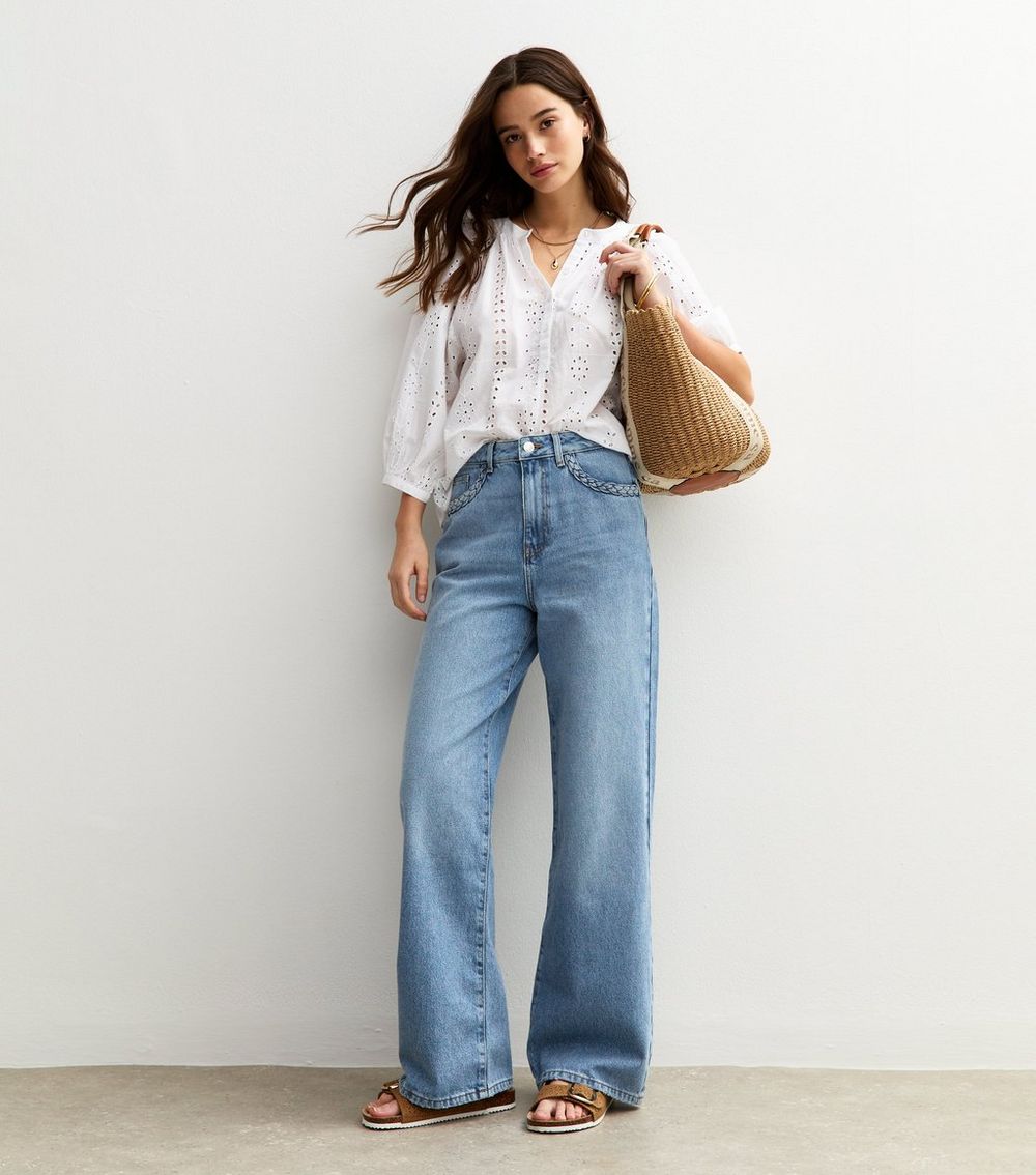 Blue Plait Trim Pocket Wide Leg Jeans