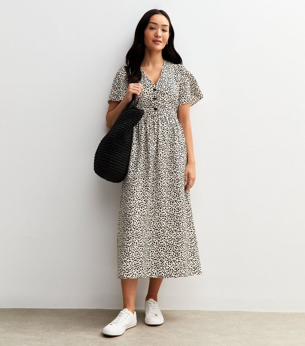 Black Polka Dot Print Flutter Sleeve Midi Dress