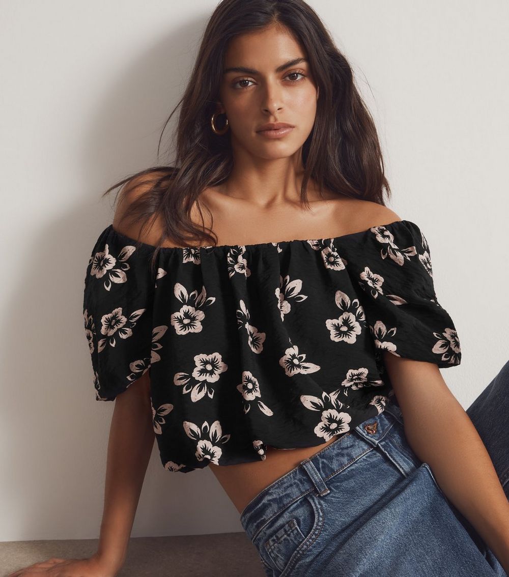Black Floral Print Bubble Hem Cropped Milkmaid Top