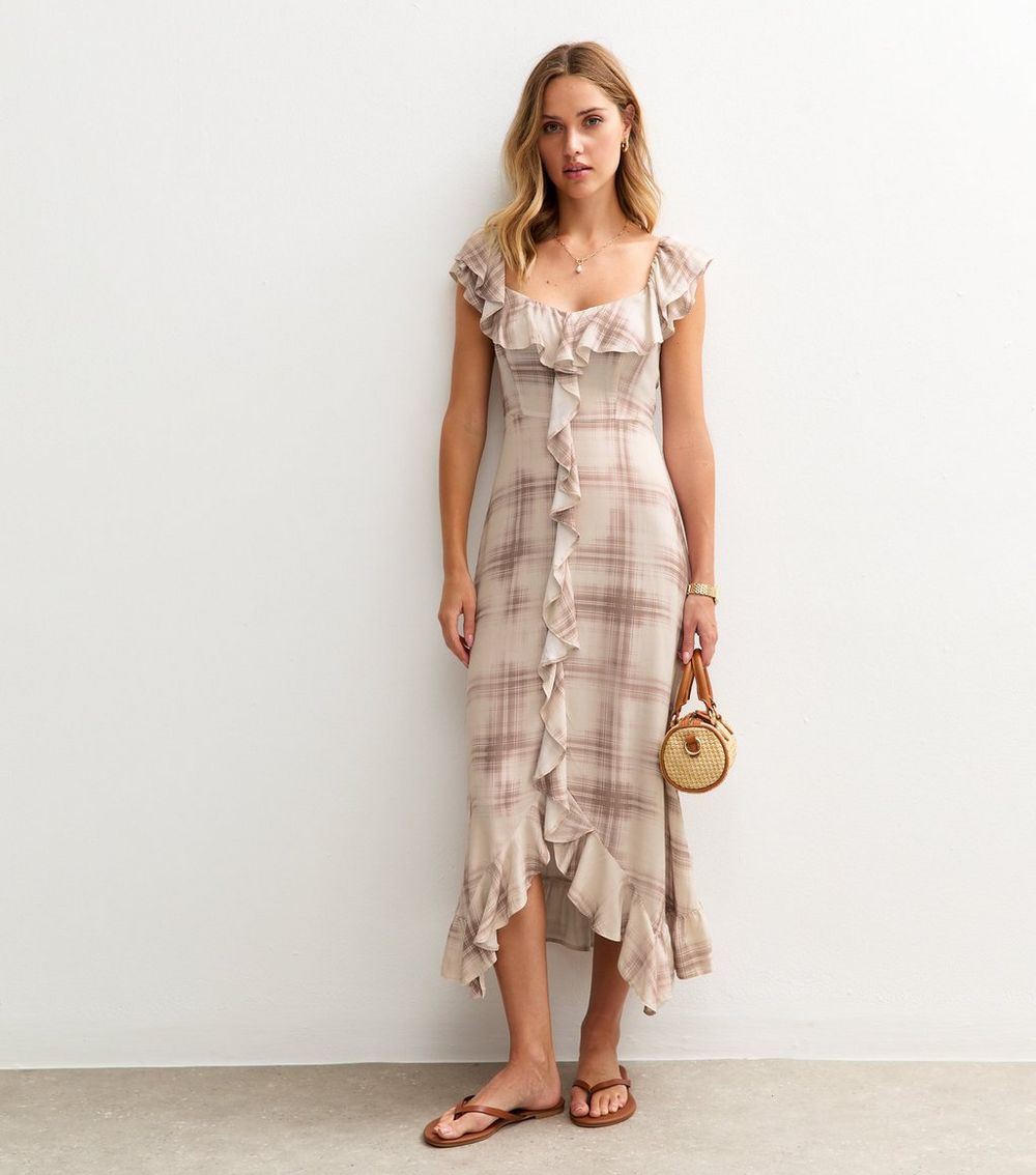 Cream Checked Ruffle Trim Midi Dress