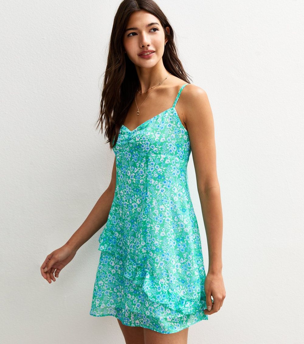 Green Daisy Print Chiffon Floral Print Mini Dress