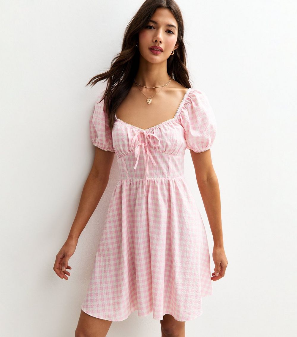 Pink Gingham Puff Sleeve Mini Dress