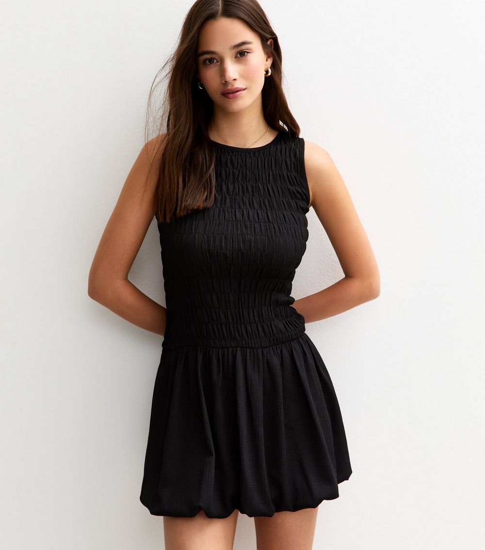 Black Shirred Bodice Puffball Hem Mini Dress