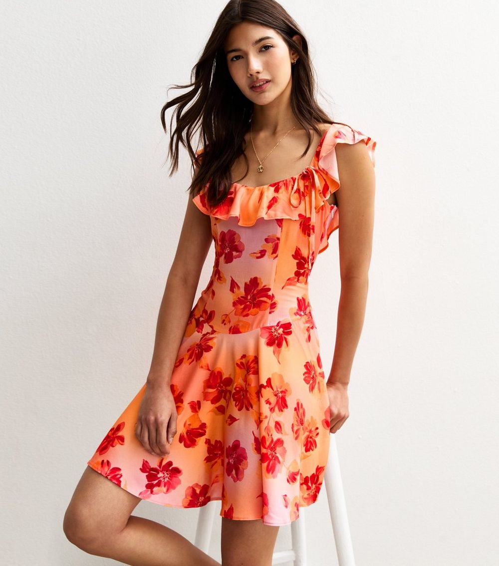 Orange Floral Print Ruffle Trim Mini Dress