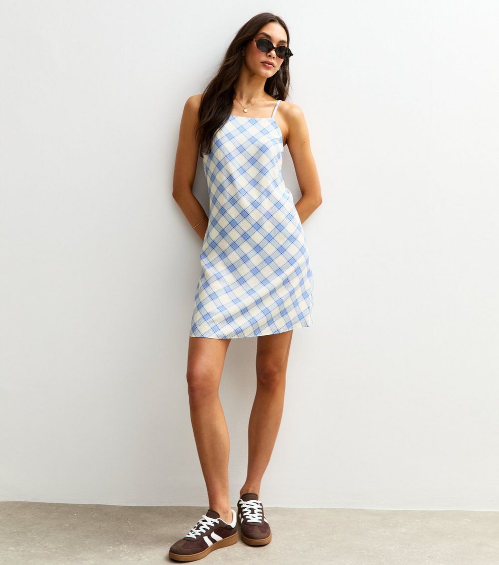 Blue Check Print Shift Mini Dress