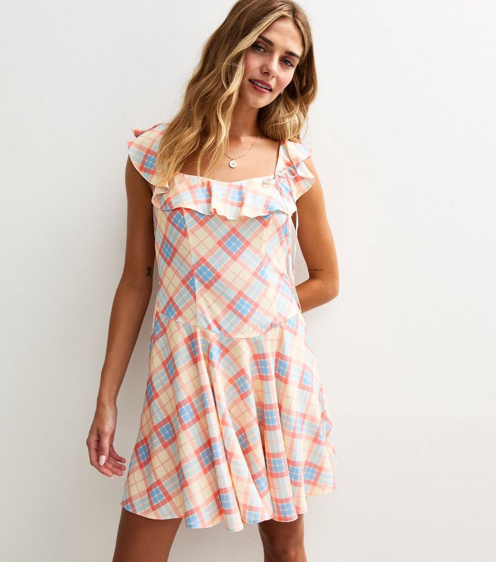 Pink Check Print Ruffle Front Side Bow Mini Dress