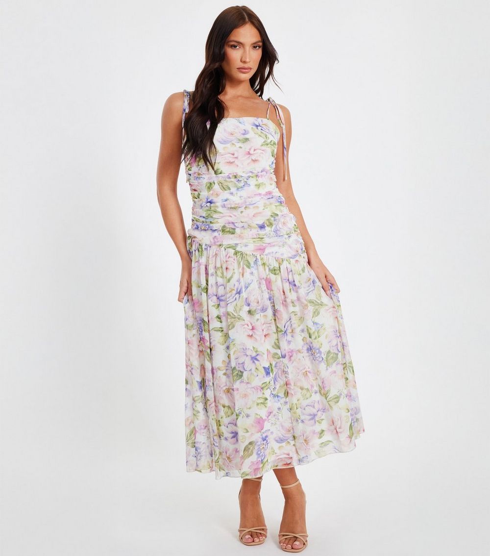 QUIZ Multicolour Chiffon Ruched Floral Print Midaxi Dress