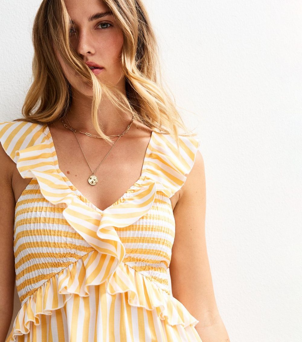 Yellow Striped Print Ruffle Trim Shirred Mini Dress