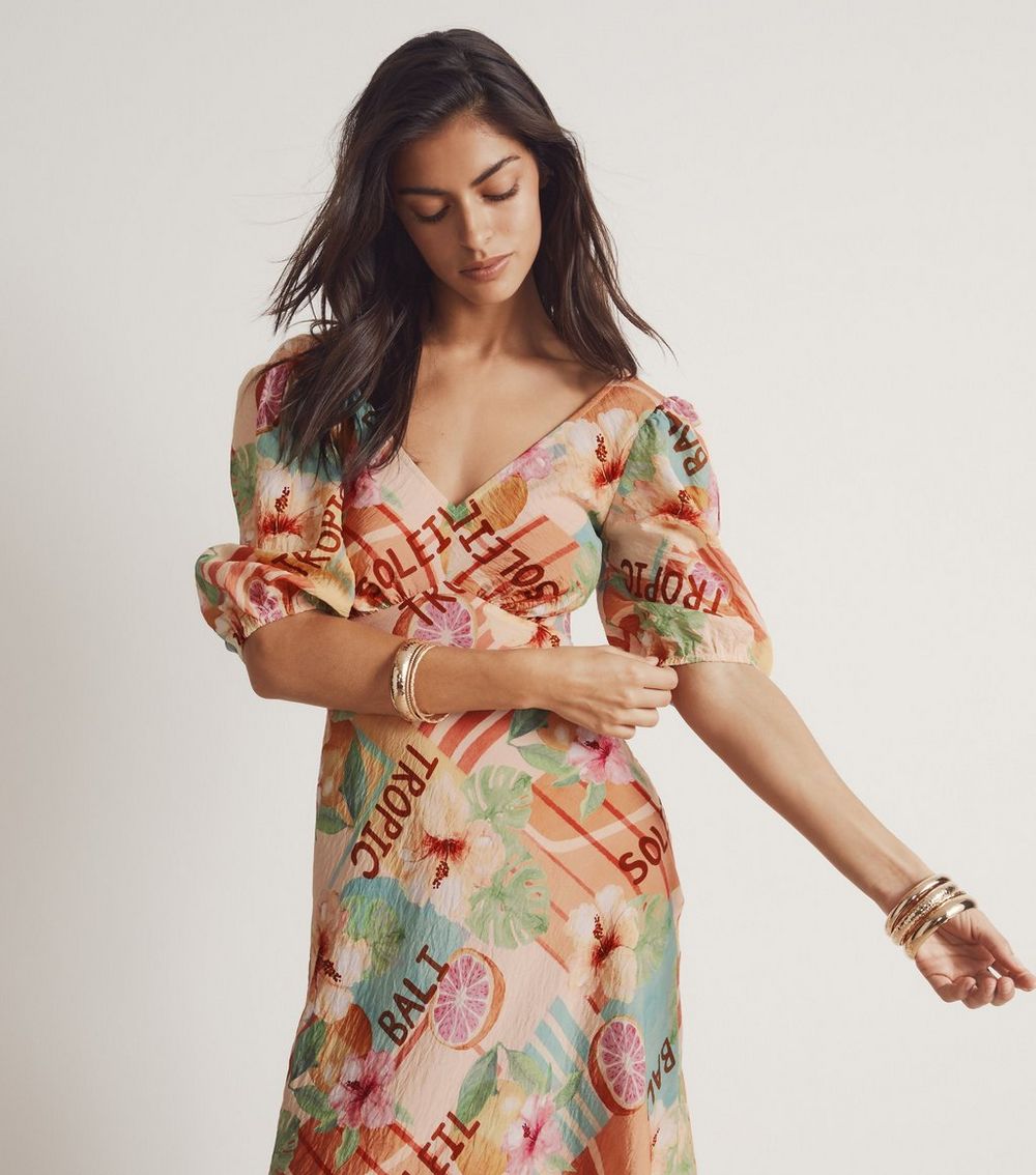 Cream Fruit Print Crinkle Texture Empire Line Midi Dress