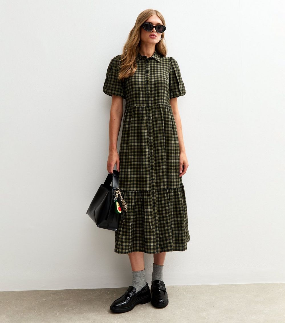 Green Check Print Midi Shirt Dress
